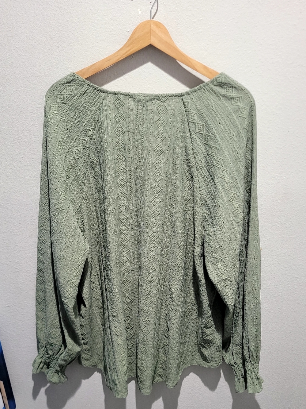 Frye Sage Green Textured Peasant Blouse XXL Boho Button Front Long Sleeve Top - Picture 3 of 10